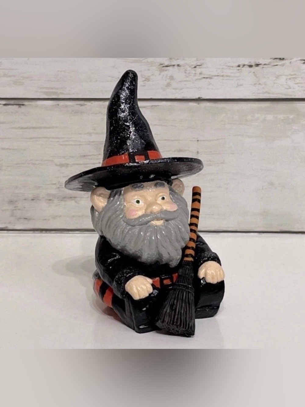 Hand Painted Halloween Witch with Broom Gnome